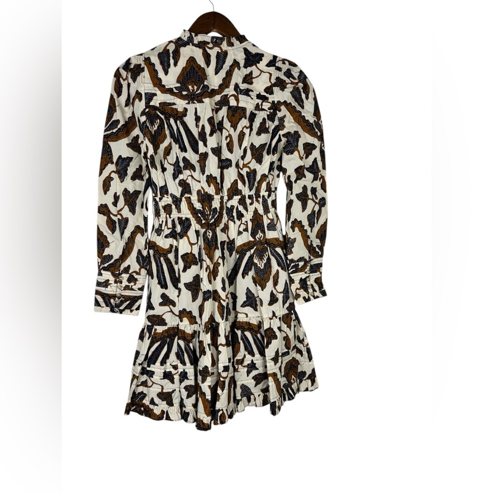 Ulla Johnson Brown Cream Print Mini Dress Sz 0 Boho Ruffle Cotton - Picture 7 of 9